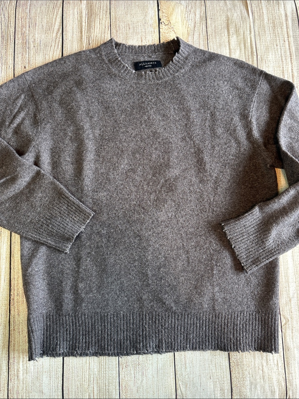 AllSaints Men’s Charcoal Grey Wool Blend Distressed Crewneck Sweater M Oversized
